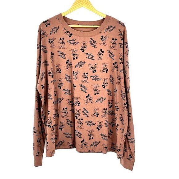 Disney Mickey Mouse‎ Print Allover Shirt Womens 3X Brown Long Sleeve Pullover - Picture 1 of 7